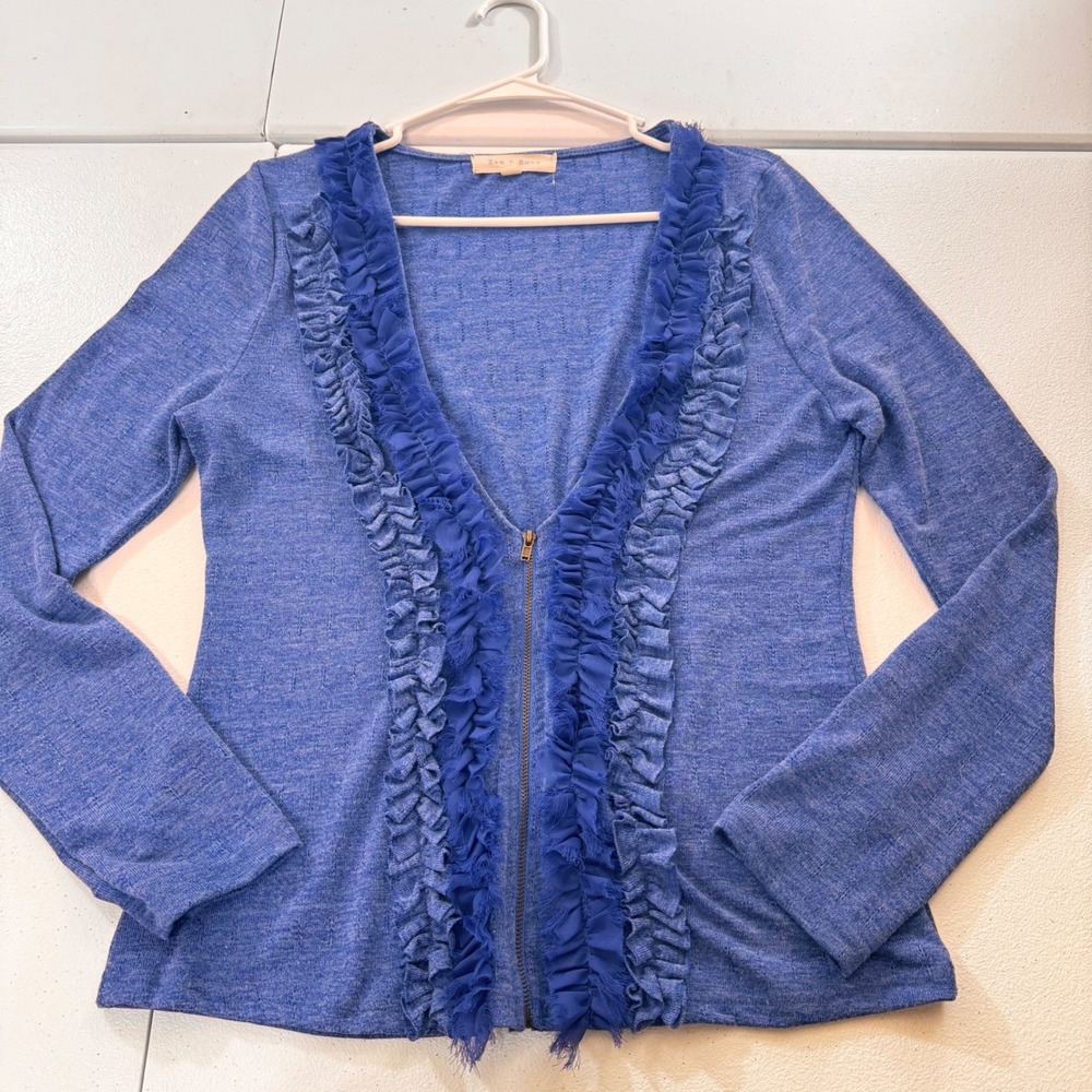 Tea n‎ Rose Blue Ruffle Zip Front Cardigan Sweater Womens M Fairycore  babydoll